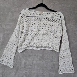 Hollister Crochet Lace Crop Sweater Womens Medium Large Cream Boho Festival